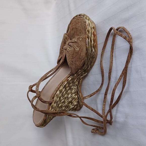 Stuart Weitzman Metallic Gold Espardrille Ankle Wrap Wedges- Sz. 7 - Picture 2 of 13